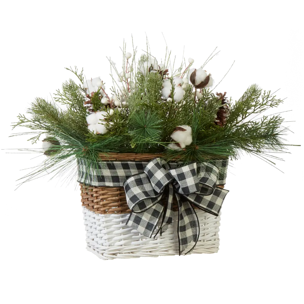18 Inch Winter Arrangement with Faux Cotton and Greenery in Basket-1