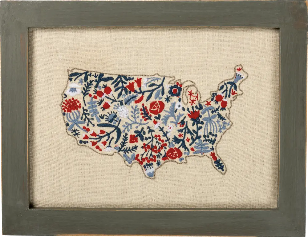 Stitched Red, White and Blue Floral Map Framed Wall Decor-1