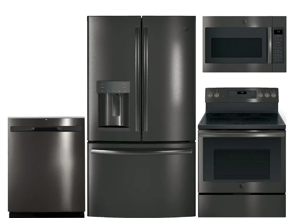 KIT GE 4 Piece Electric Kitchen Package with French Door Refrigerator - Black Stainless Steel-1