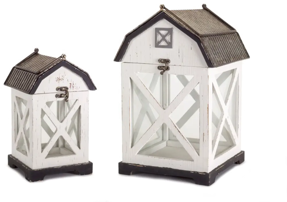 14 Inch White and Gray Wood and Metal Barn Lantern-1