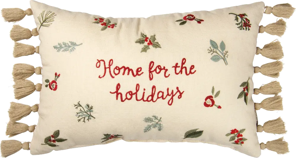 Linen Embroidered Home for the Holidays Throw Pillow with Tassels-1