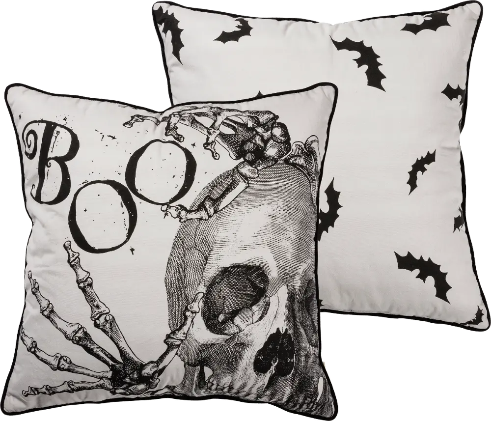 Cream and Black Boo, Skeleton and Bat Throw Pillow-1