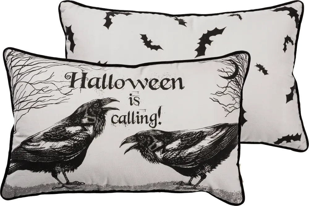 Cream and Black Crow and Bat Cotton Throw Pillow-1