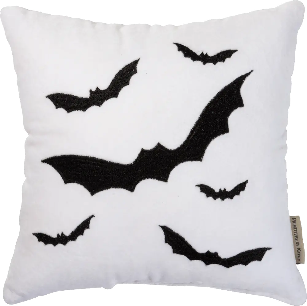 White Halloween Throw Pillow with Black Velvet Bats-1