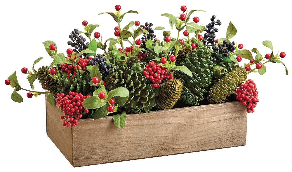 Green and Red Pine Cone and Berry Arrangement in a Box-1