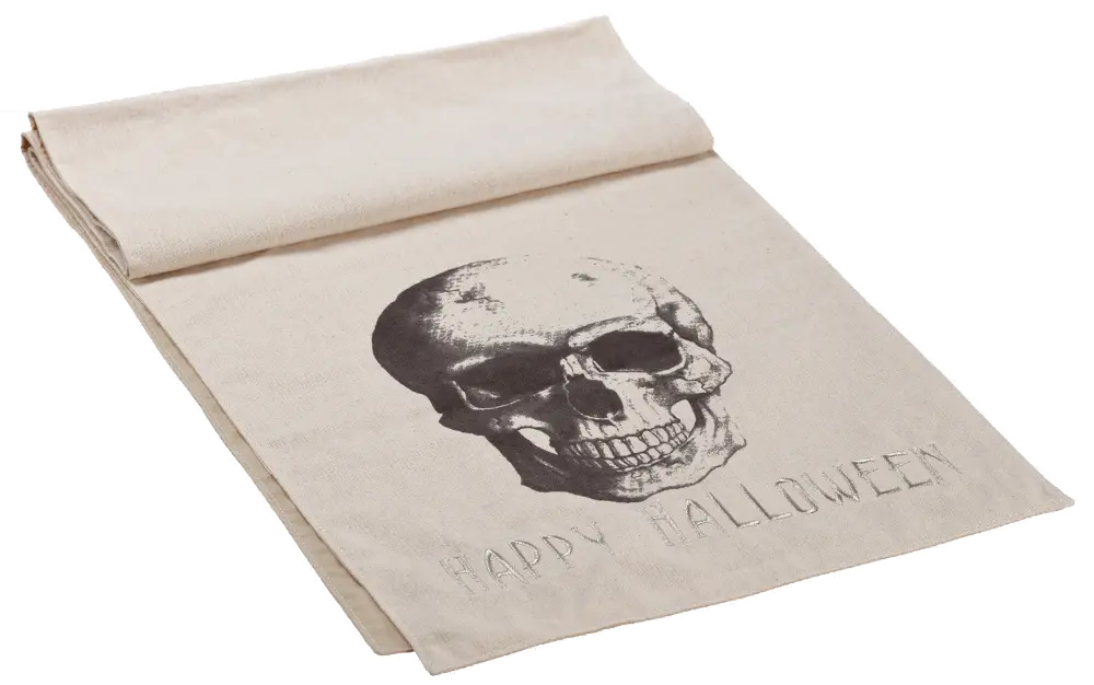 Cream Table Runner with Black Skull and Gray Happy Halloween Writing-1
