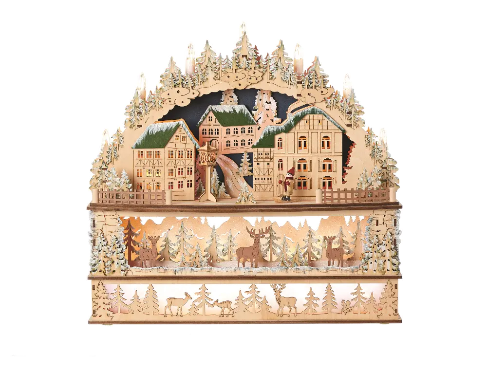 17 Inch LED Three Level Village with Deer Wood Works-1