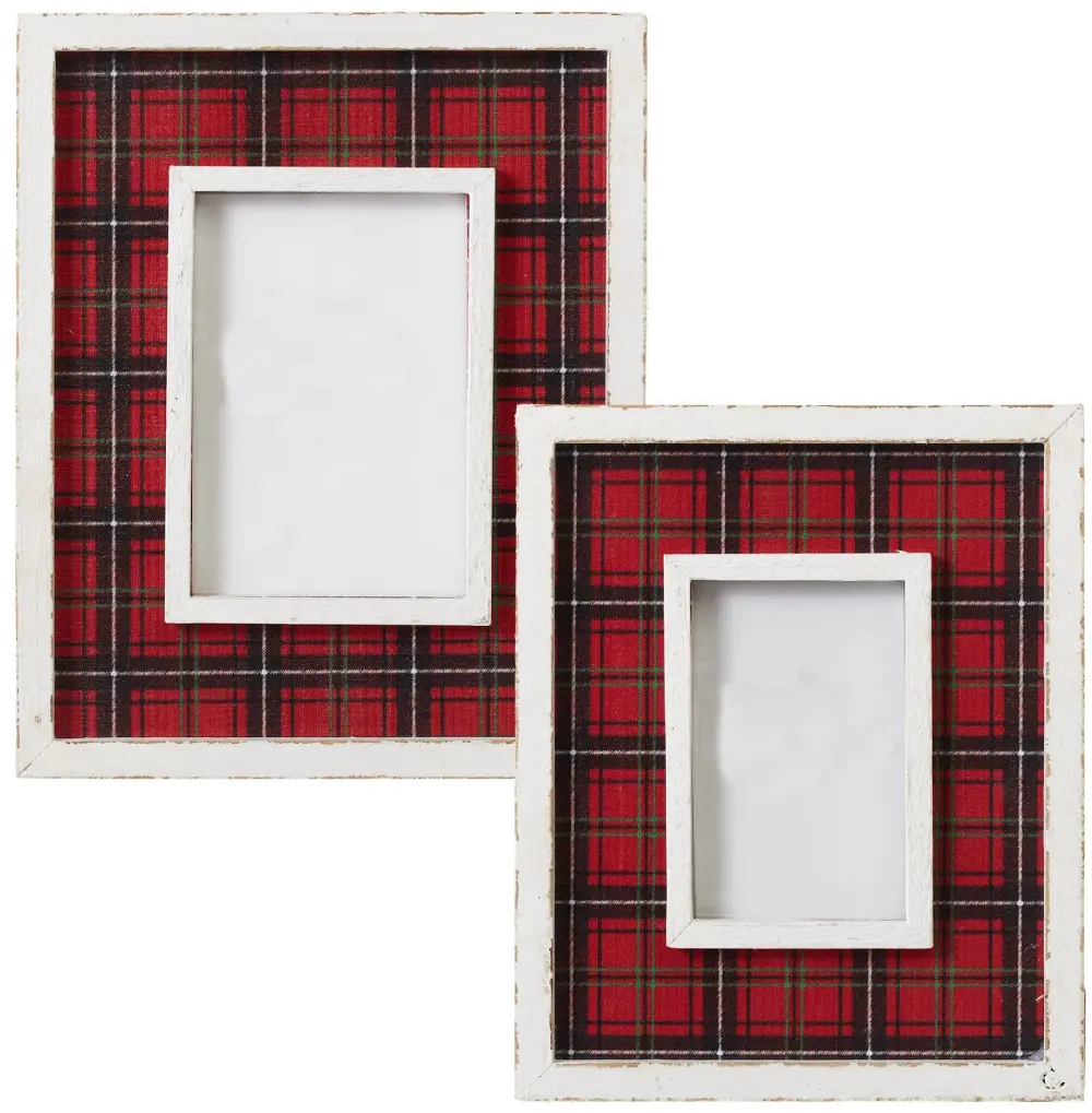 Wooden White Picture Frame with Red Plaid Detailing-1