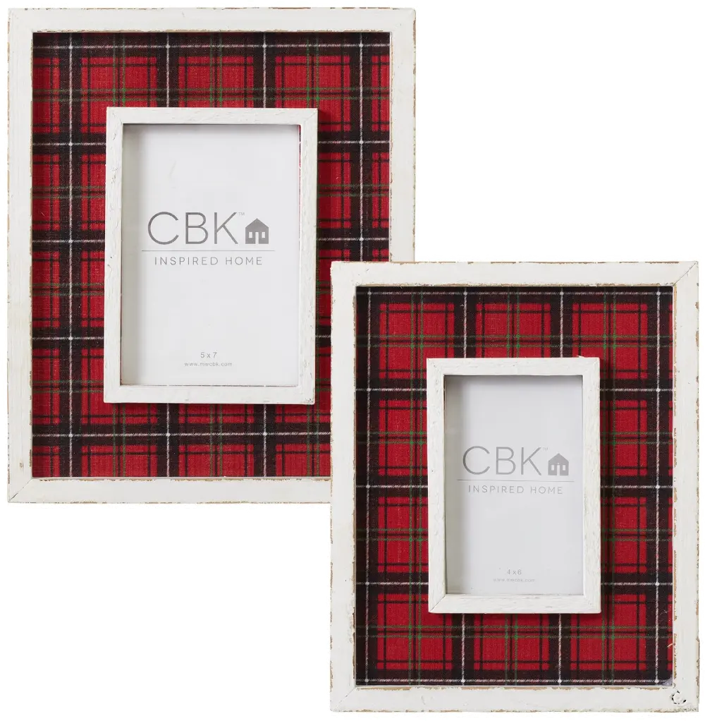 Wooden White Picture Frame with Red Plaid Detailing-1