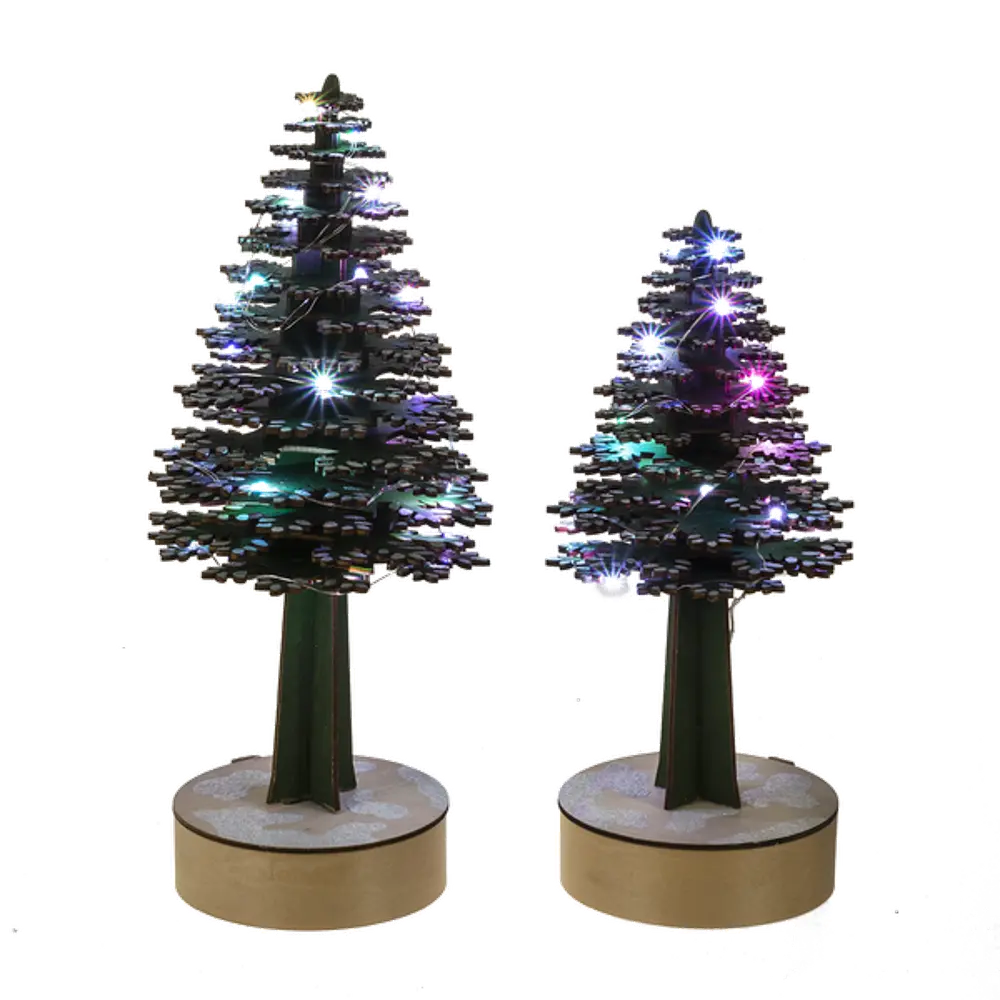 13 Inch Green and Multi Color Plywood Tree with LED Lights-1