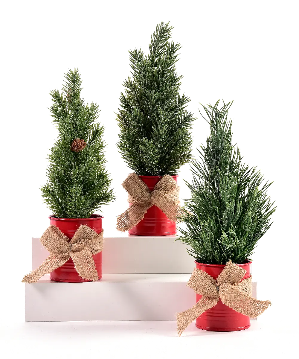 Assorted Faux Green Frosted Pine Arrangement in Red Pot-1