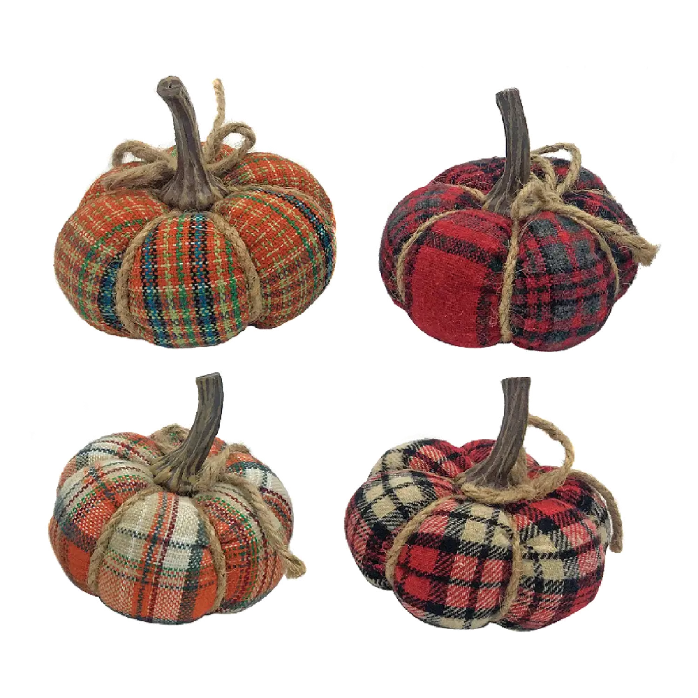 4 Inch Multi Color Plaid Pumpkin with Jute Rope and Stem-1