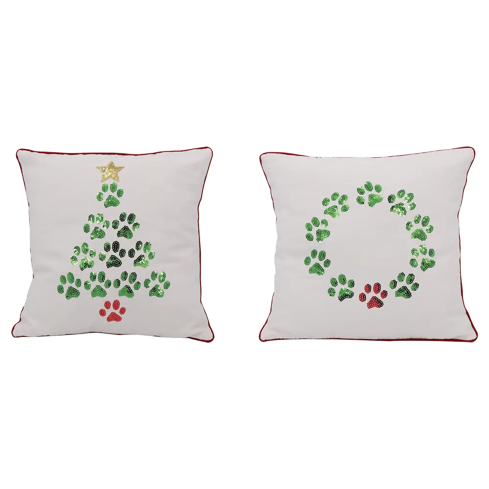 Sequin Pawprint Red and Green Holiday Throw Pillow-1