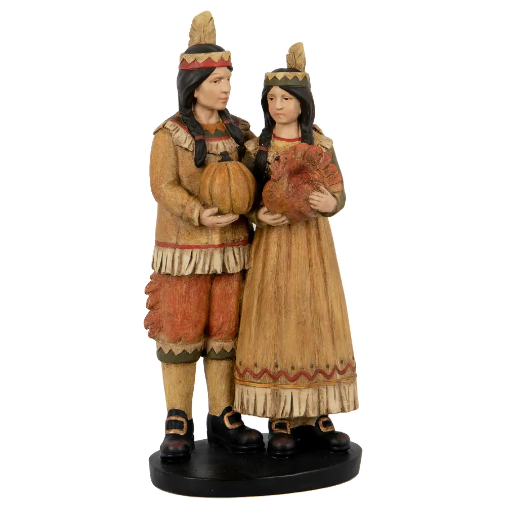 Resin Indian Couple Figurine Holding a Pumpkin and Turkey-1