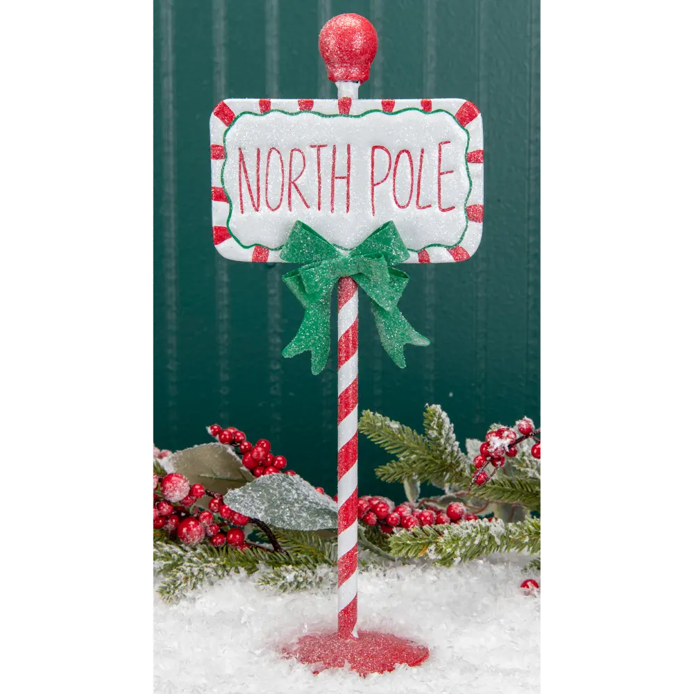 Red, Green and White Metal North Pole Sign on Stand-1