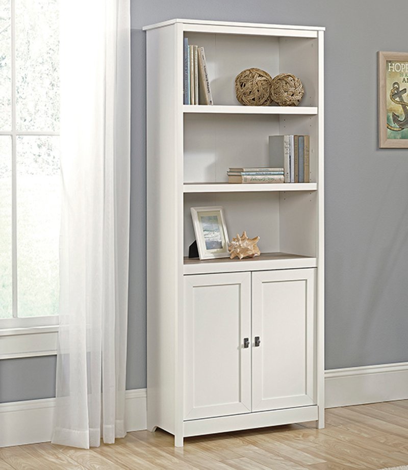 Cottage Road Soft White 2 Door Bookcase, Sauder Harbor View Library Bookcase With Doors Antiqued White Finish