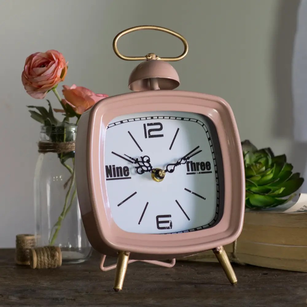 Pink Retro Metal Tabletop Clock-1