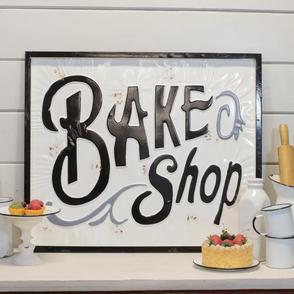 Distressed White, Black and Gray Metal Bake Shop Sign-1