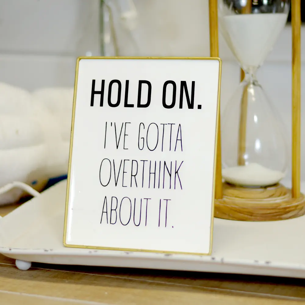 White and Black Hold On Metal Sign with Gold Frame-1