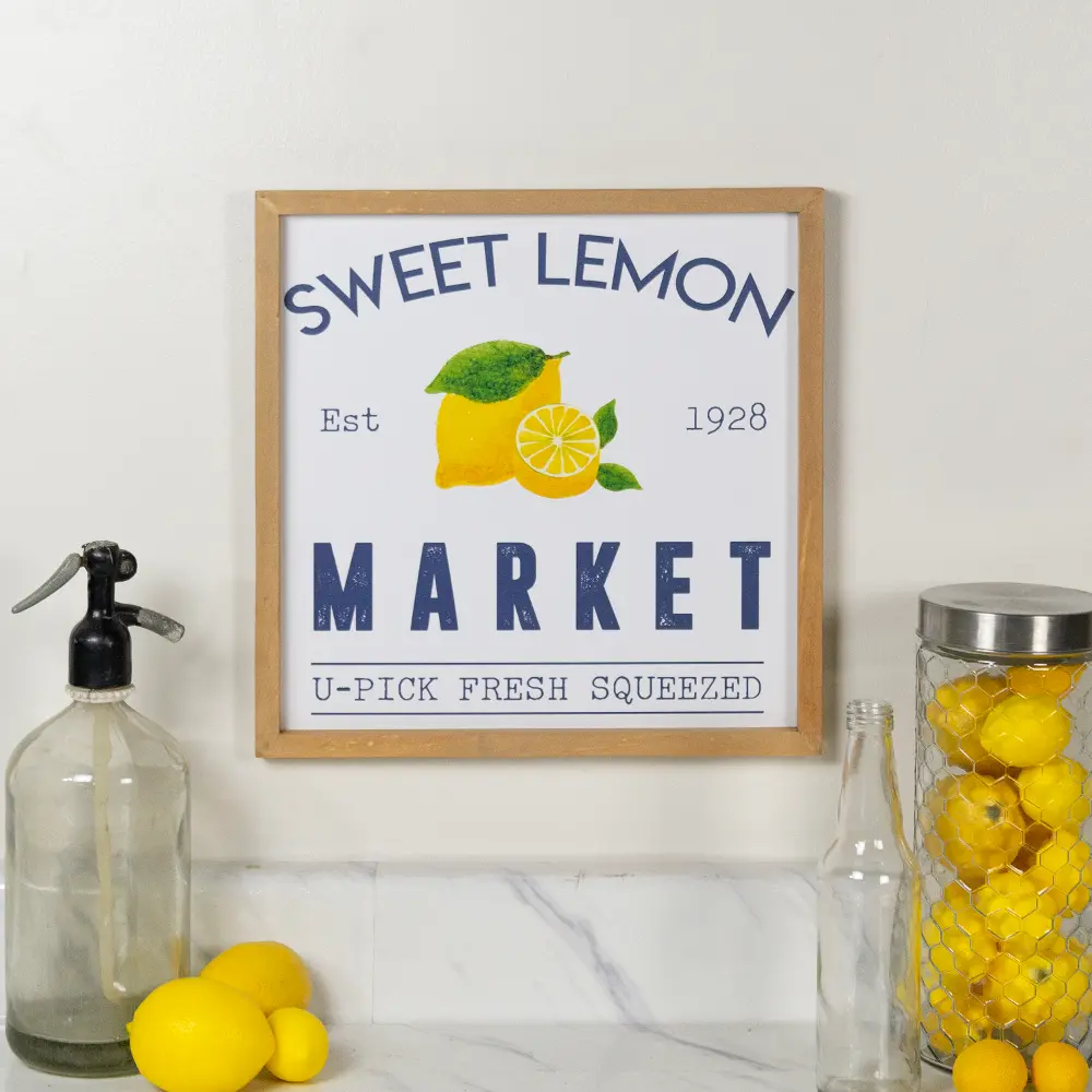 White, Black, Yellow and Green Lemon Market Wooden Sign-1