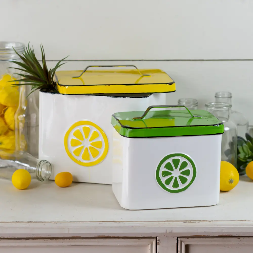 7 Inch Yellow and White Metal Lemonade Canister with Lid-1