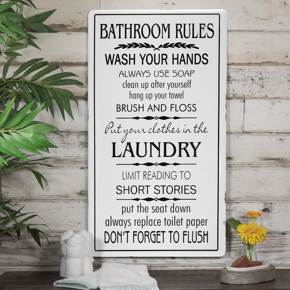White and Black Bathroom Rules Rectangle Metal Sign-1