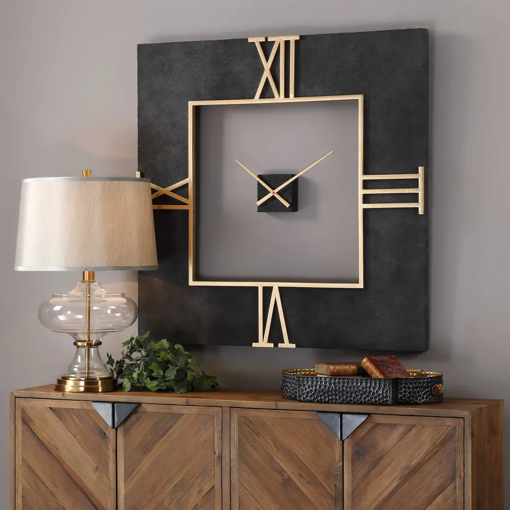 Textured Black Concrete Square Wall Clock with Gold Accents - Mudita-1