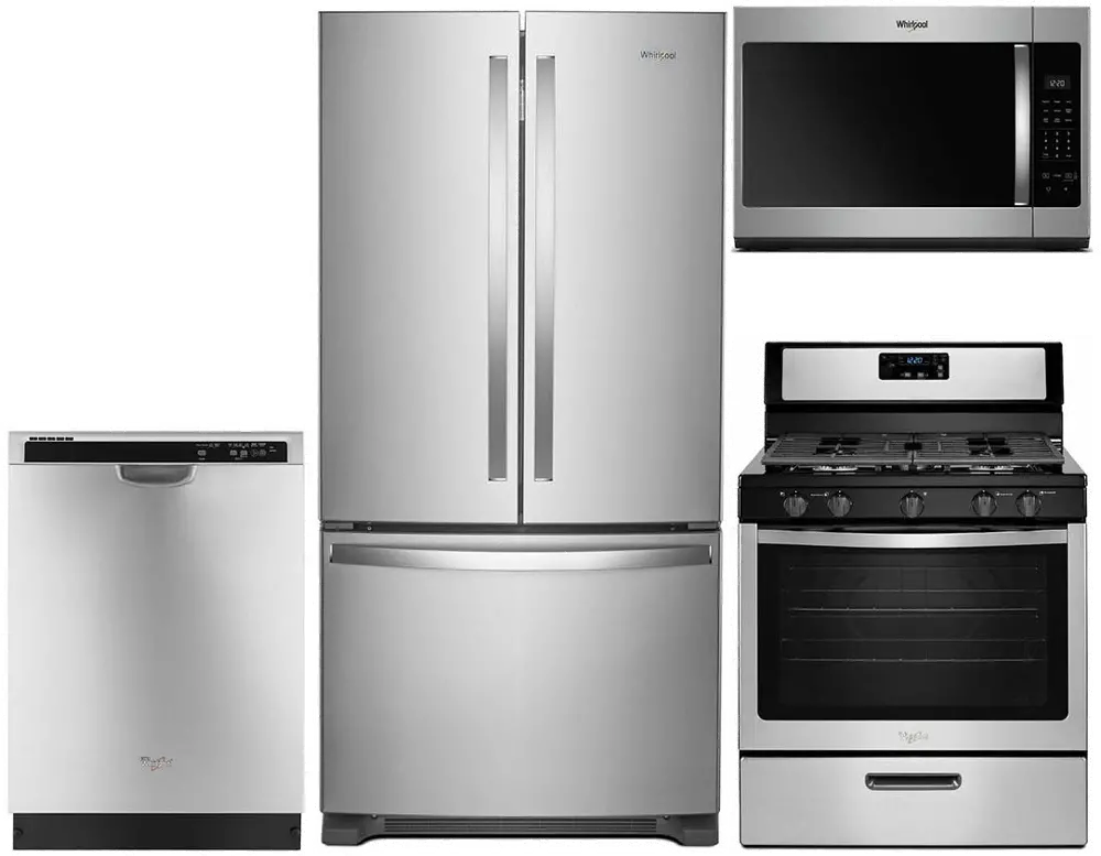 KIT Whirlpool 4 Piece Gas Kitchen Appliance Package with French Door Refrigerator - Stainless Steel-1