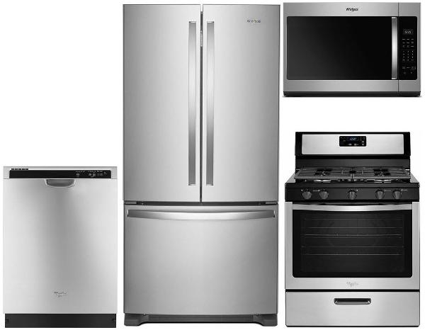 KIT Whirlpool 4 Piece Gas Kitchen Appliance Package with French Door Refrigerator - Stainless Steel