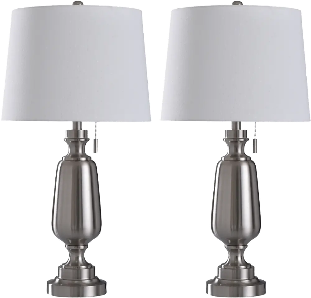 Brushed Steel Pair of Table Lamps with Pull Chains-1