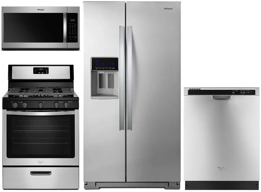 .WHP-4PC-S/S-SXS-GAS Whirlpool 4 Piece Gas Kitchen Appliance Package with Counter Depth Side by Side Refrigerator - Stainless Steel-1