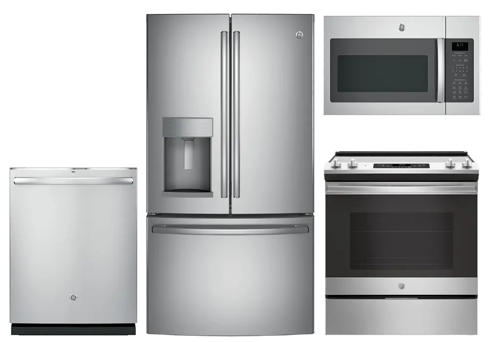 KIT GE 4 Piece Electric Kitchen Package with French Door Refrigerator - Stainless Steel-1