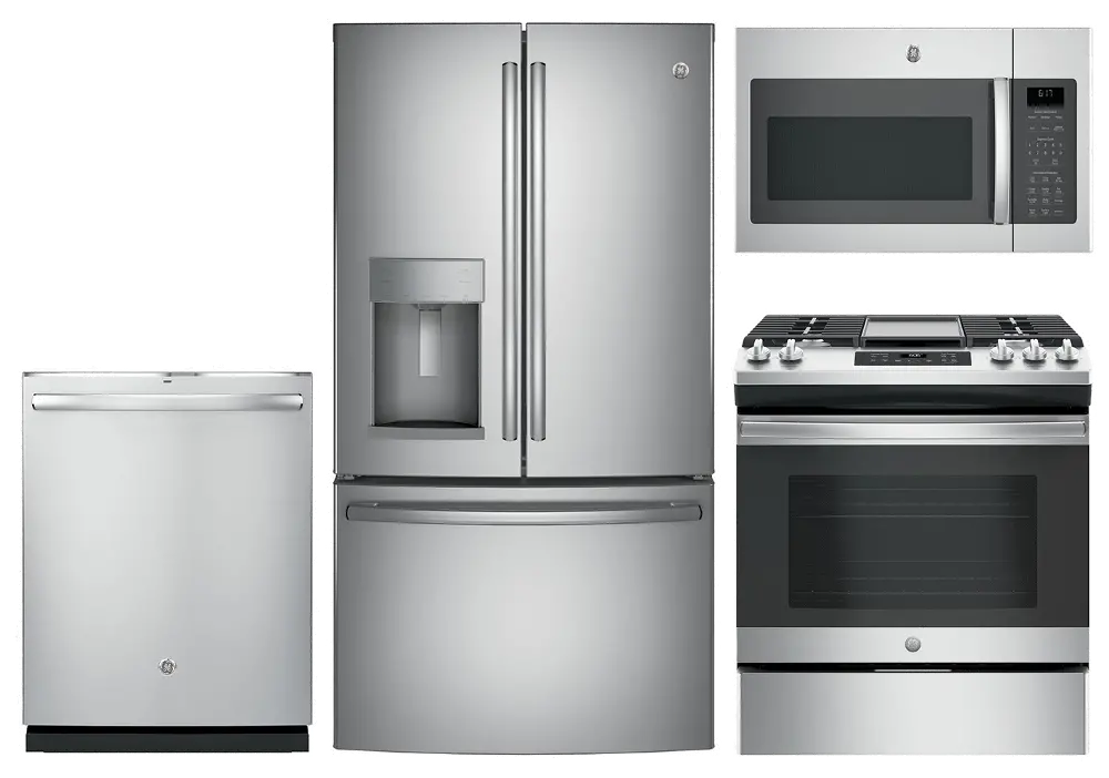 KIT GE 4 Piece Gas Kitchen Package with French Door Refrigerator - Stainless Steel-1