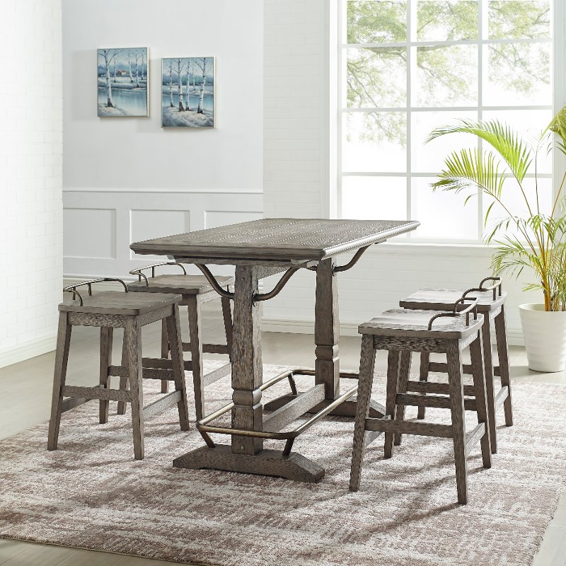 Farmhouse Gray 5 Piece Counter Height, Counter Height Wooden Table And Chairs