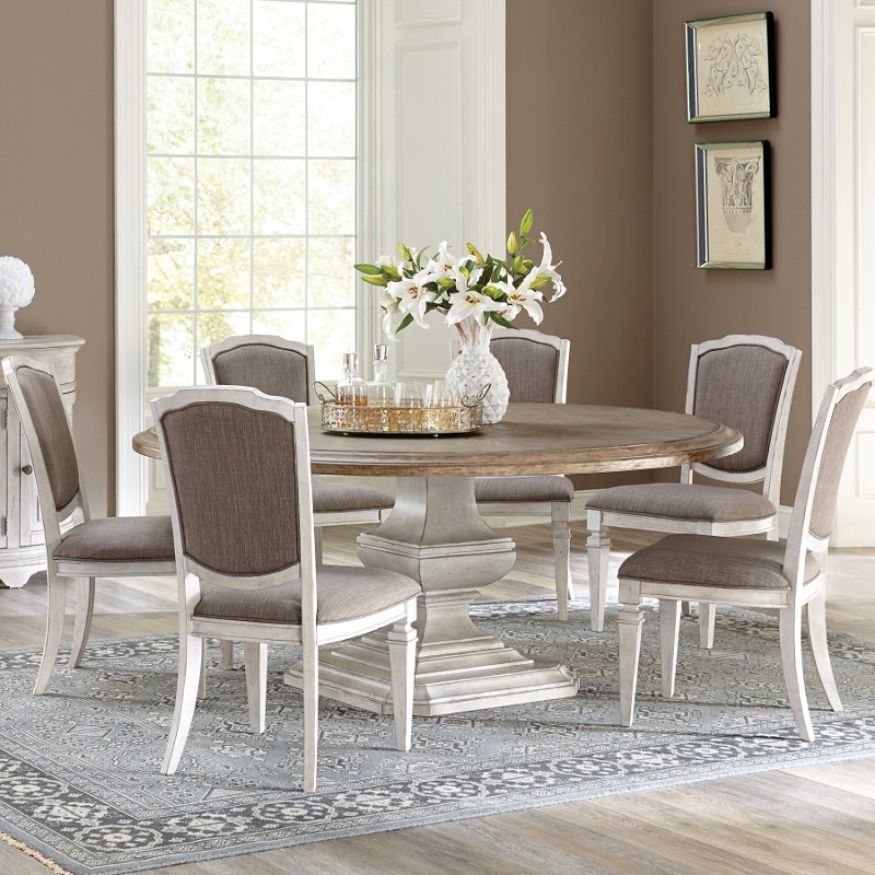 Smokey White and Oak 70 Inch Round 5 Piece Dining Set - Elizabeth