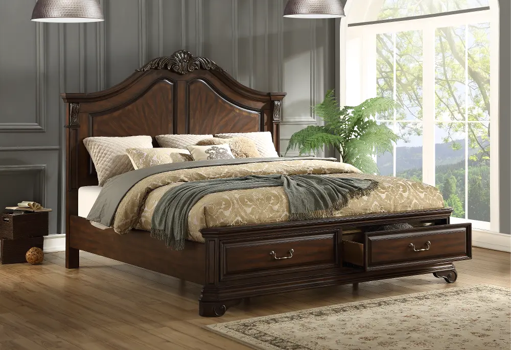 Traditional Brown Cherry Queen Storage Bed - Evette-1