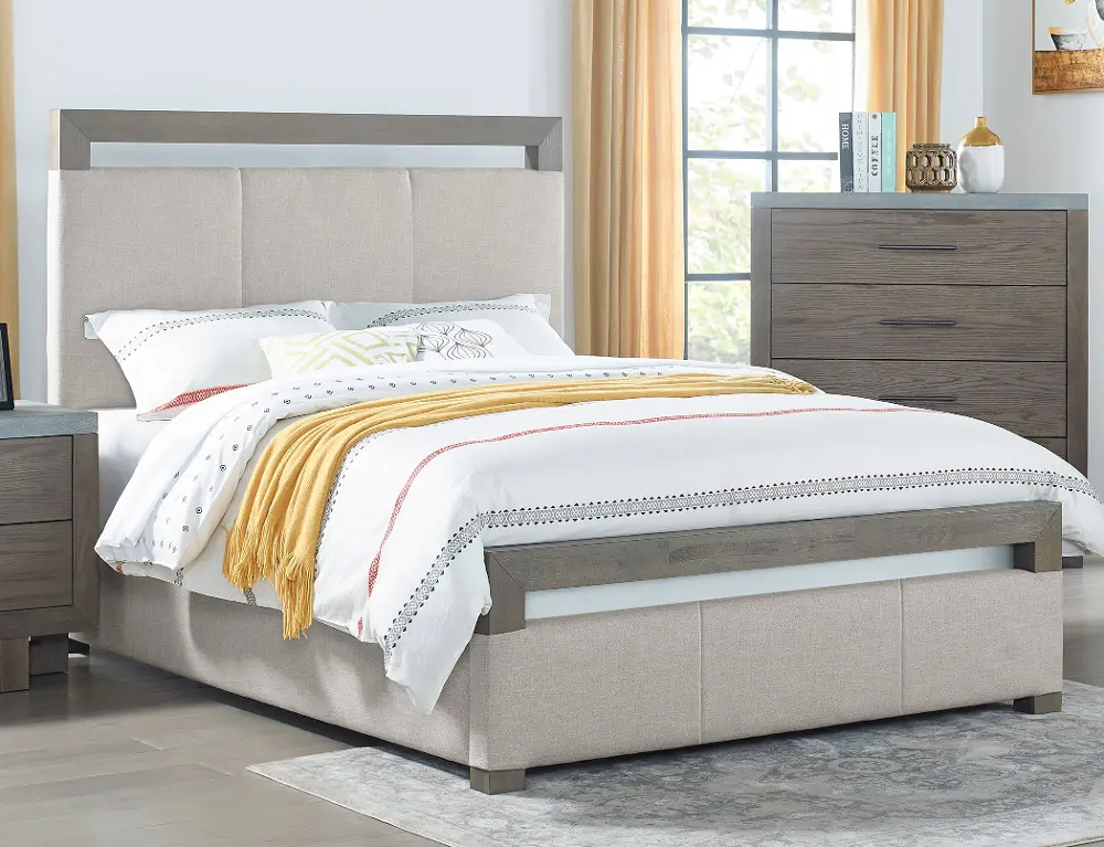 Taupe and Gray Oak Queen Upholstered Bed - Sandy Oak-1