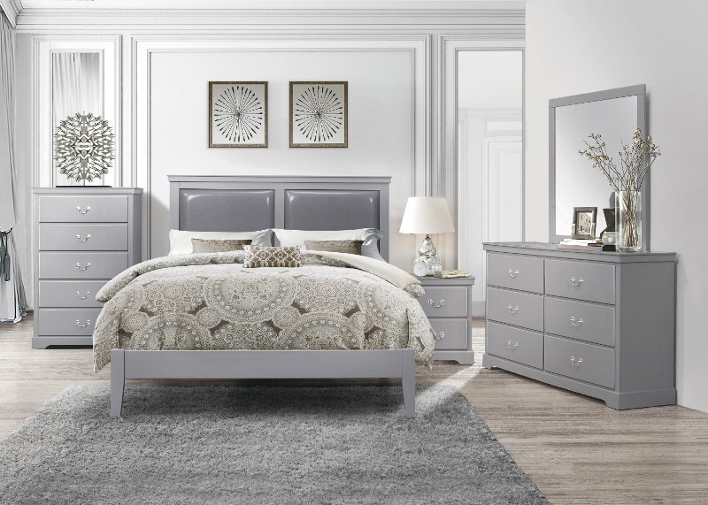Contemporary Gray 4 Piece Queen Bedroom, Queen Bed Frame And Dresser Set