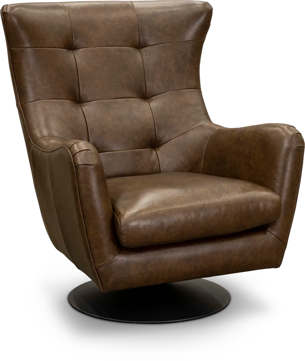 Modern Teak Brown Leather Swivel Chair - Collective-1