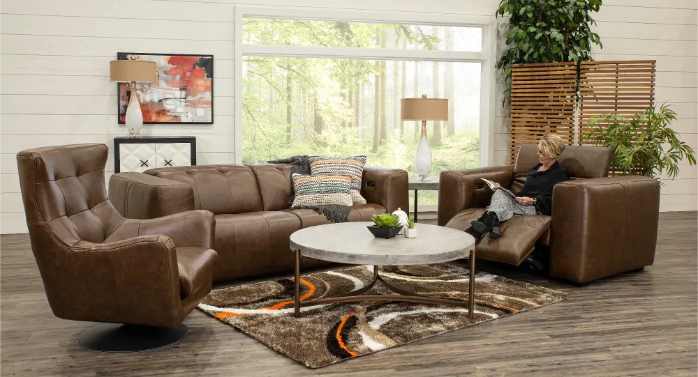 Modern Teak Brown Leather Power Reclining Sofa with Adjustable Headrest - Collective-1