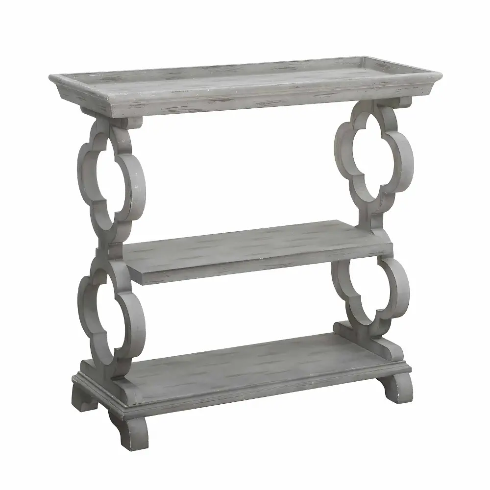 Gray Tray Top Console Table with Quatrefoil End Posts-1