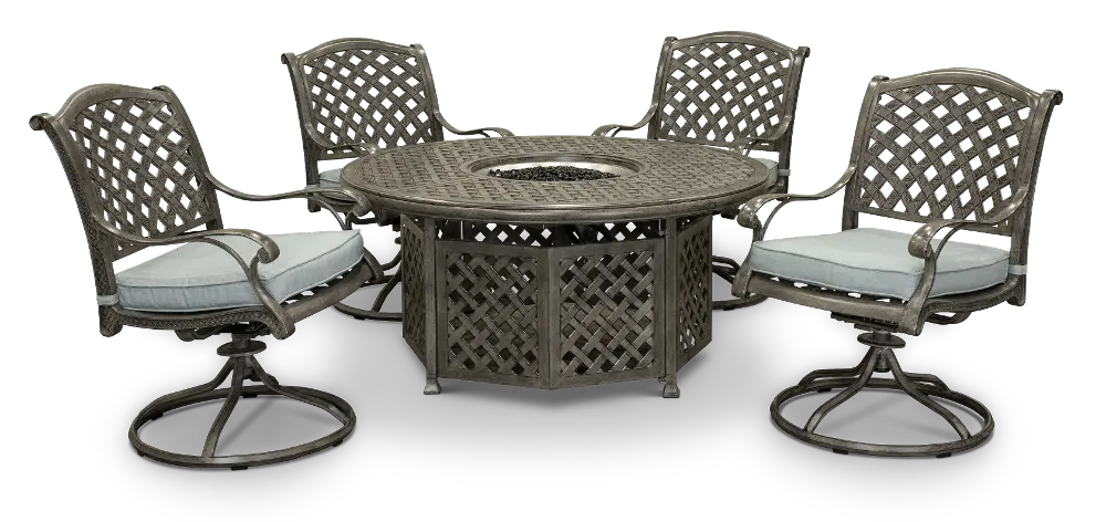 Macan 5 Piece Gray and Blue Swivel Chair and Fire Pit Patio Set-1