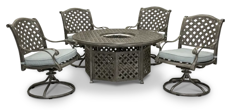 Macan 5 Piece Gray and Blue Swivel Chair and Fire Pit Patio Set