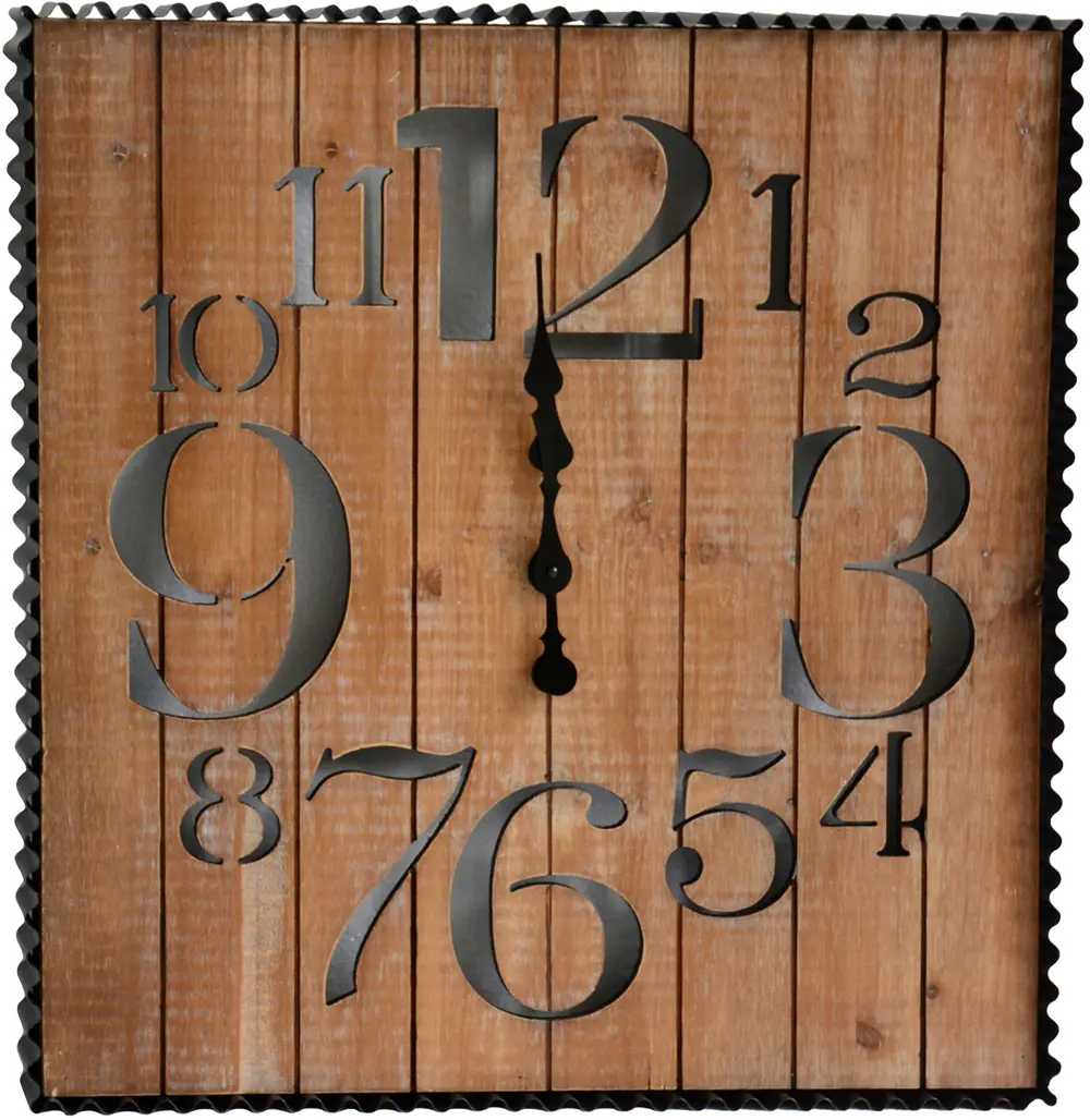Square Wood Plank Wall Clock with Metal Border and Numbers-1