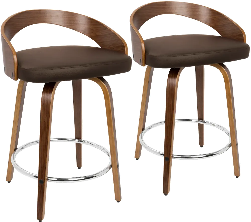 B24-GROTTOR-WLBN2 Mid Century Walnut and Brown 24 Inch Counter Height Stools (Set of 2) - Grotto-1
