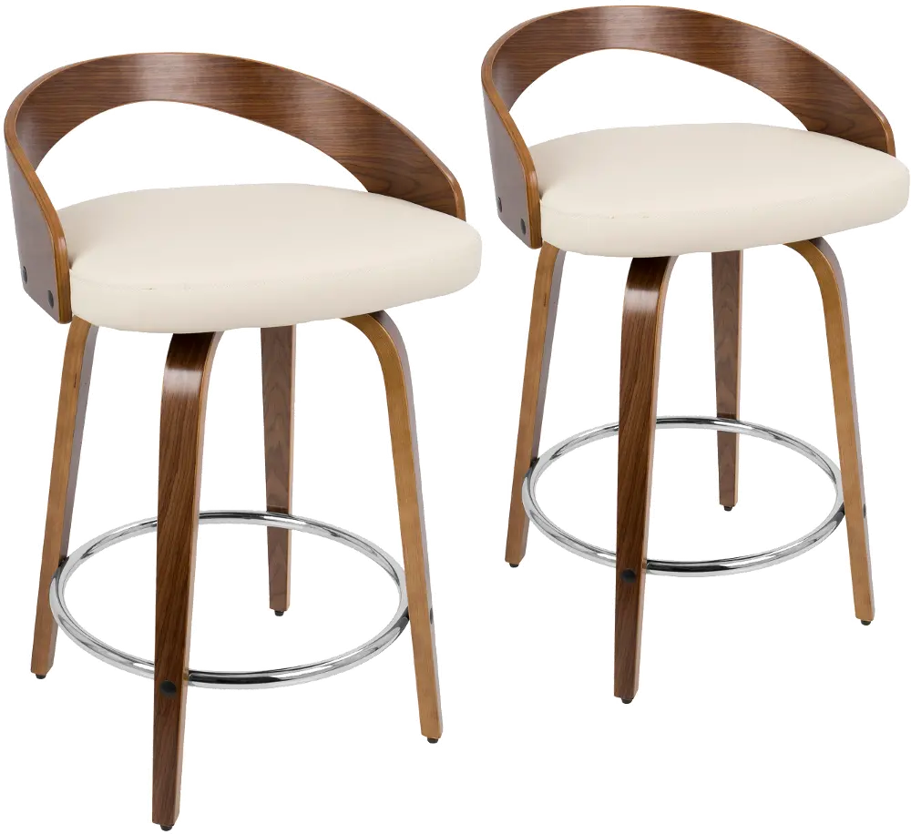 B24-GROTTOR-WLCR2 Mid Century Walnut and Cream 24 Inch Counter Height Stools (Set of 2) - Grotto-1