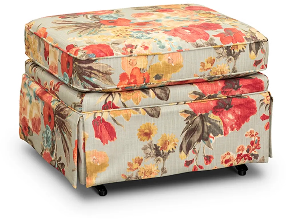 Aqua, Yellow and Muted Red Floral Gliding Ottoman - Quinn-1