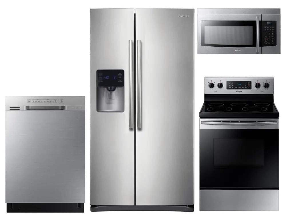 KIT Samsung 4 Piece Electric Kitchen Appliance Package with 24.5 cu. ft. Side by Side Refrigerator - Stainless Steel-1