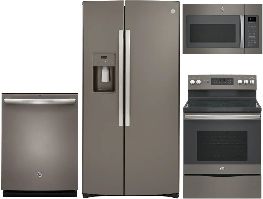 .GEC-4PC-SLT-SXS-ELE GE 4 Piece Electric Kitchen Package with Side by Side Refrigerator - Slate Stainless Steel-1