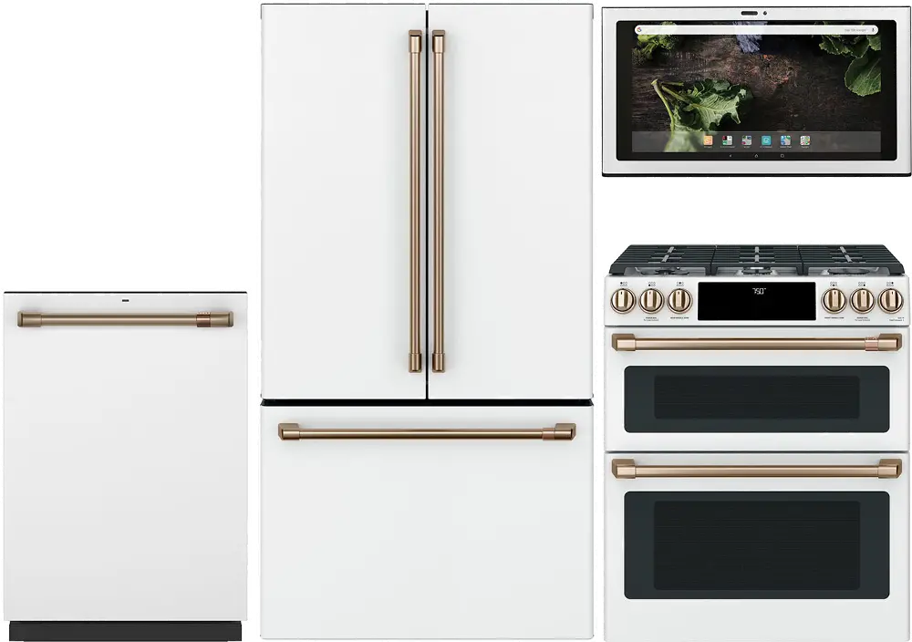 .GEC-4PC-MWT-BTM-GAS Cafe 4 Piece Gas Kitchen Appliance Package with French Door Refrigerator - White-1